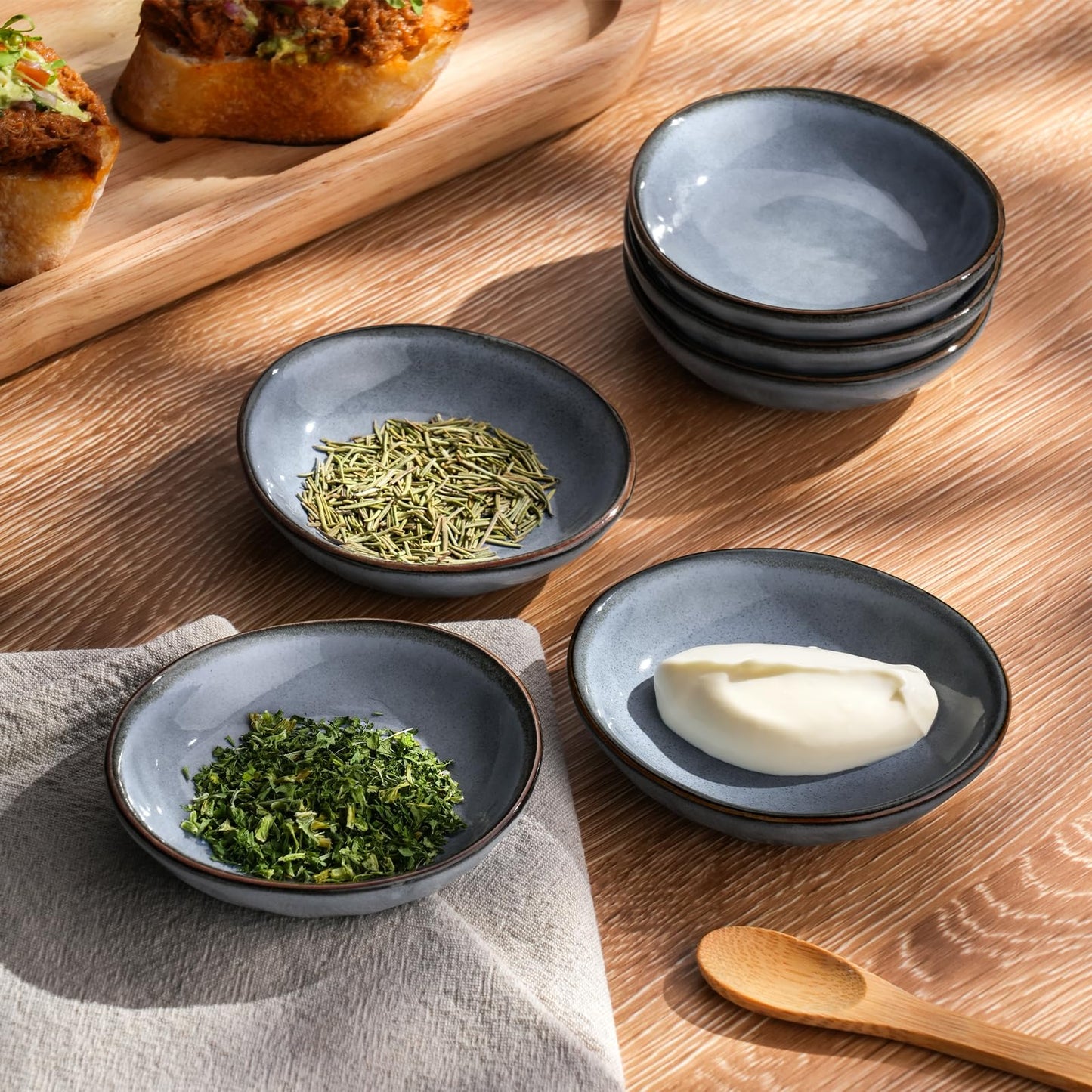 famiware Ocean Soy Sauce Dishes of 6, Oval Dipping Sauce Cups/Bowls/Dishes for Kitchen, 2.1oz Ceramic Small Bowls for Side Dish, Appetizers, Snacks, and Sushi, Reactive Glaze, Dishwasher Safe, Blue