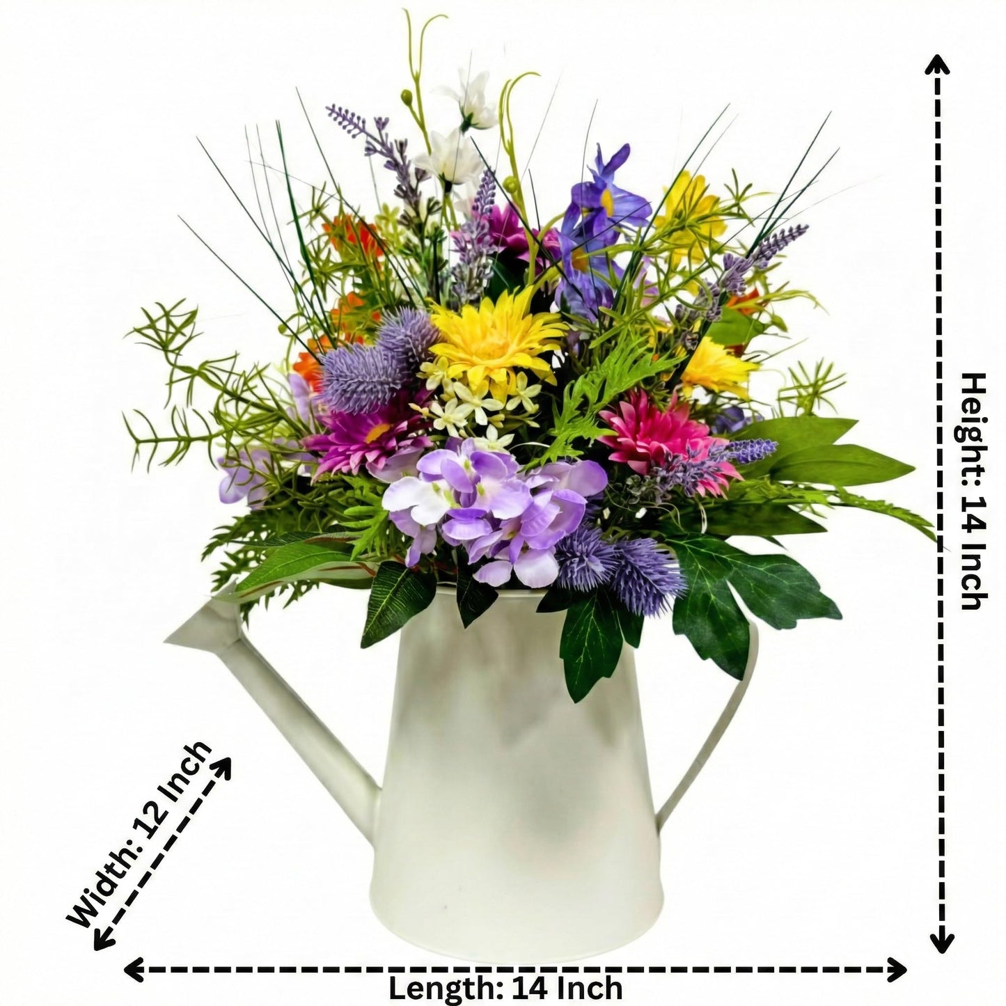 Lnymura 14 Inch Farmhouse Floral Centerpiece in Watering Can, Lighted Spring Summer Wildflower Arrangement with Timer Daisies for Table Decor Home and Kitchen