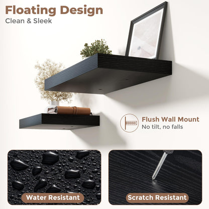 30 Inch Floating Shelves for Wall Set of 2, 12"D Wood Grain Bathroom Shelves with Invisible Brackets, Easy Install Engineered Wood Storage Shelves for Kitchen, Living Room, Bedroom, Black Finish