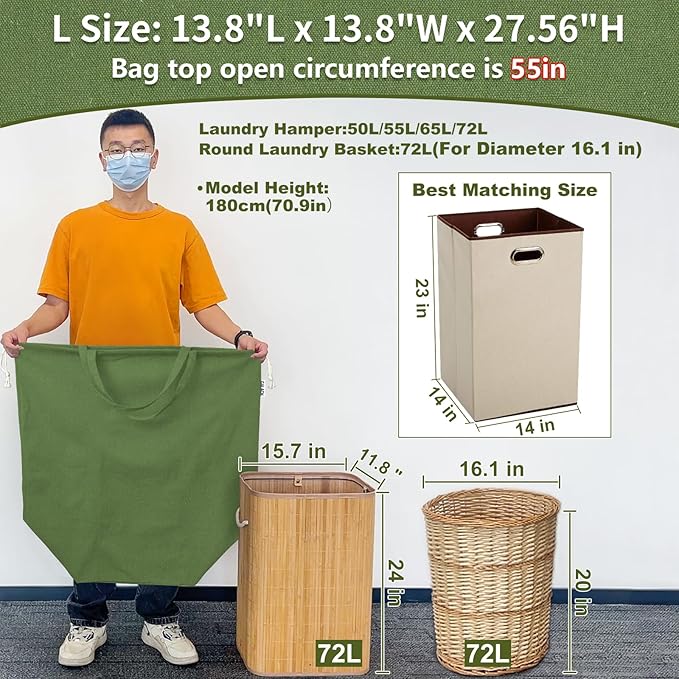 Canvas Laundry Bags with Handles & Square Base 13.8"Lx13.8"Wx27.6"H, Large