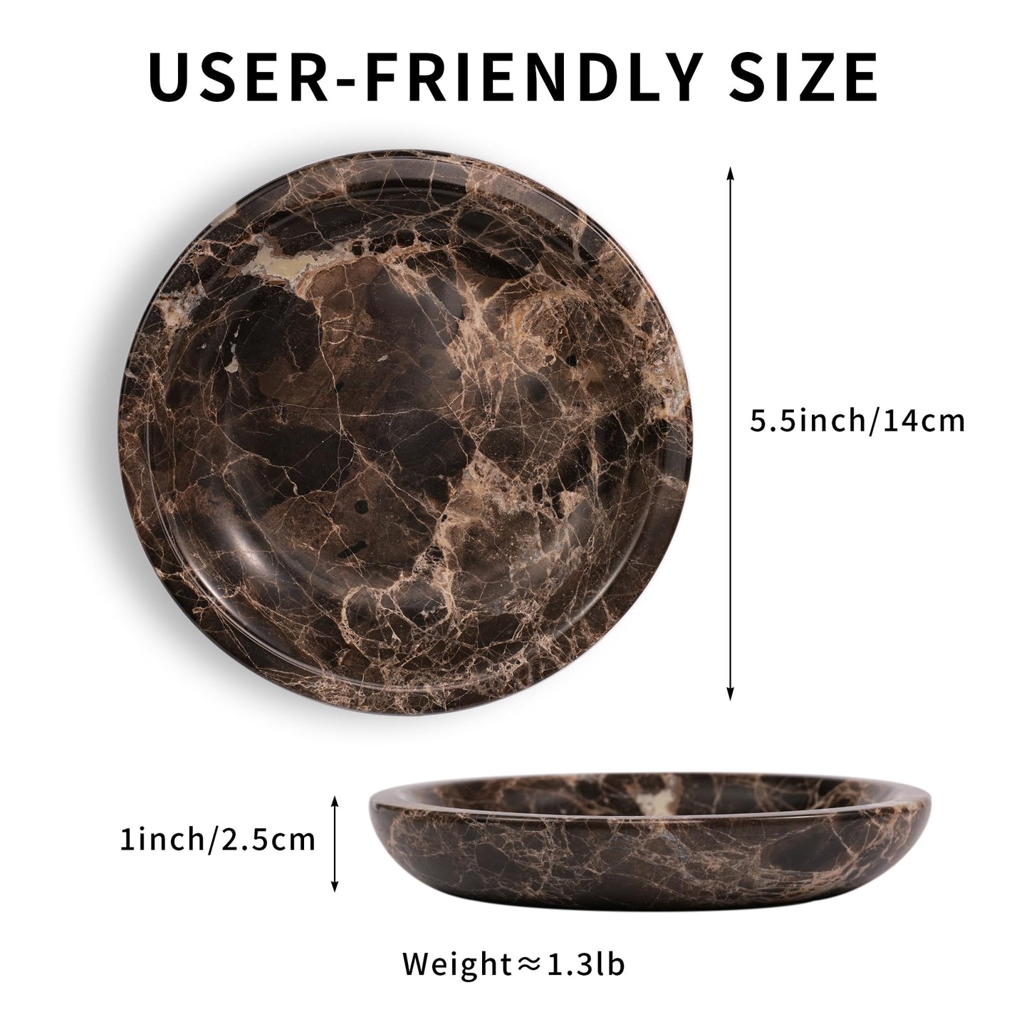 LWALMS Brown Marble Jewelry Tray - Stone Trinket Ring Key Purse Holder Dish, Small Cute Round Plate Decorative Bowl for Nightstand Entryway Coffee Table Decor (5.5 inch)