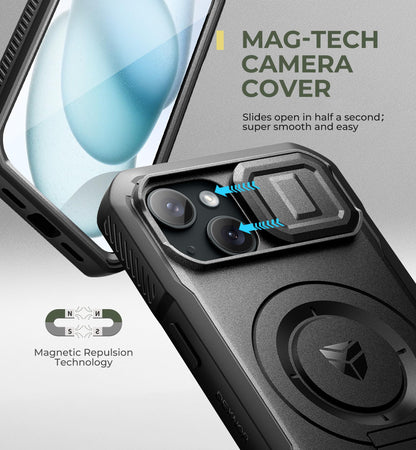 Dexnor for iPhone 15 Case with Slide Camera Cover & Adjustable Kickstand & Built-in Screen Protector, Magnetic Rugged Shockproof Bumper Cases Heavy-Duty Magnetic Protective Cover,Black