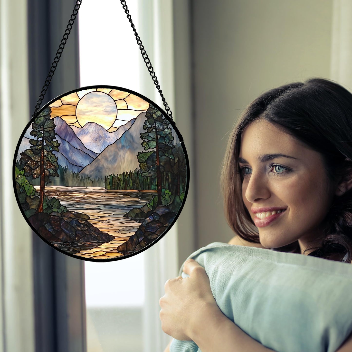 AMDERVEN Stained Glass Window Hanging, Sunset Mountains Lake Tree Sun Catcher for Window Home Decor Landscape Suncatcher Mother's Day Birthday Gifts for Women Men Mom and Nana 9.8 in