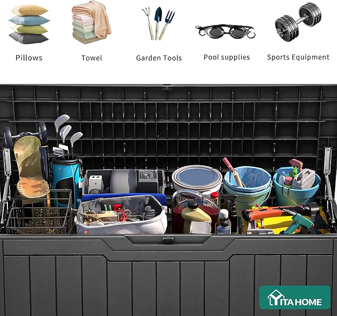 YITAHOME 100 Gallon Resin Deck Box, Weather Resistant Outdoor Storage Box, Lockable Indoor Outdoor Storage for Supplies and Essentials, Dark Gray