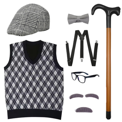 100 Days of School Old Man Costume for Boys Grandpa Old Person Sweater Vest old lady costume for Kids
