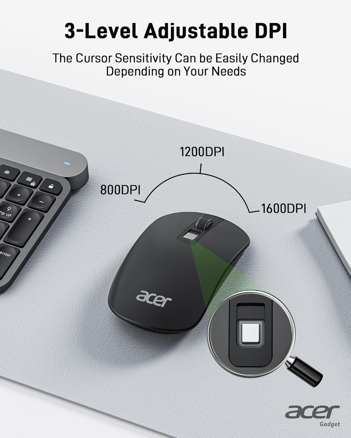 acer Computer Mouse Wireless, 2.4G Slim USB Wireless Mice with USB Receiver, 800/1200/1600 Adjustable DPI Optical Laptop Mouse with 4 Buttons, Portable for Laptop, Desktop, PC