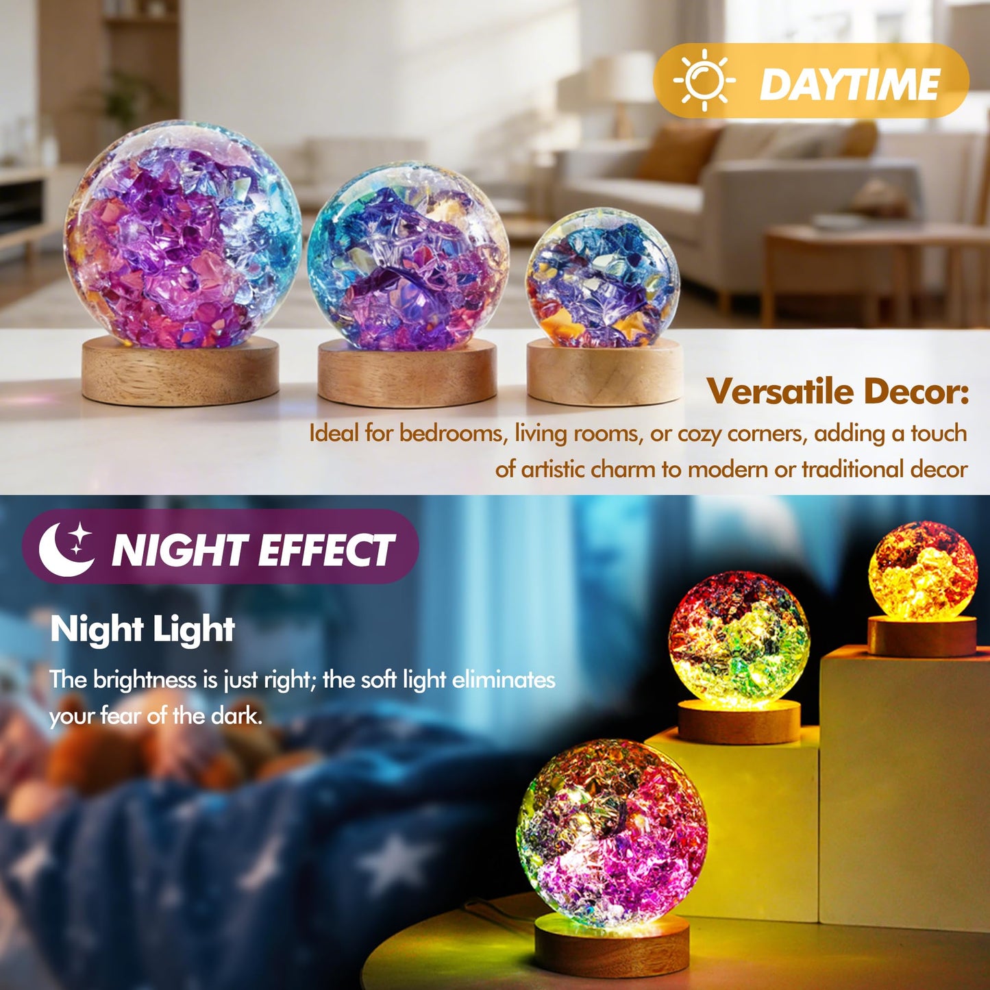LOULIQIGIFT 80mm Colorful Cracked Crystal Ball Night Light Glass Ball Gifts