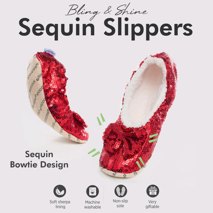 Snoozies Ballerina Bling Metallic Shine Slippers | Sequin House Shoes for Women | Slipper Socks with Grippers | Cute Indoor Footwear (Red, Large)