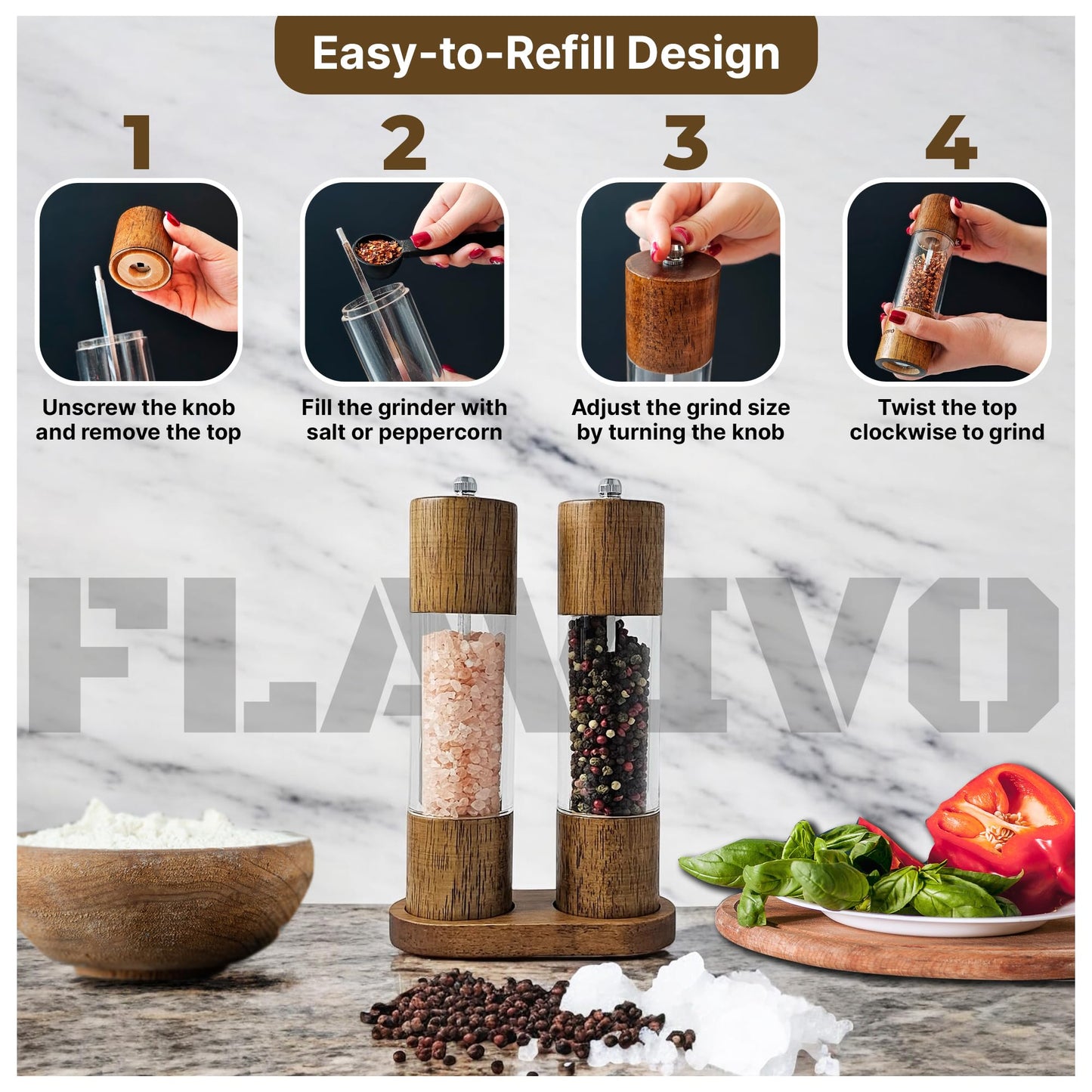 FLAVIVO Wooden Salt and Pepper Grinder Set, Manual Premium Acrylic Salt and pepper Mills with Adjustable Ceramic Core and Wooden Stand, 8-Inch Refillable Giftable Shakers (2 Pieces with Tray)