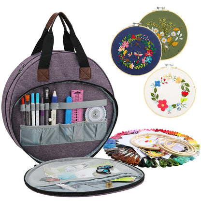 Embroidery Project Bag, Embroidery Kits Storage Bag with Multiple Pockets for Embroidery Needles Embroidery Floss or Other Embroidery Supplies (Purple Circle)