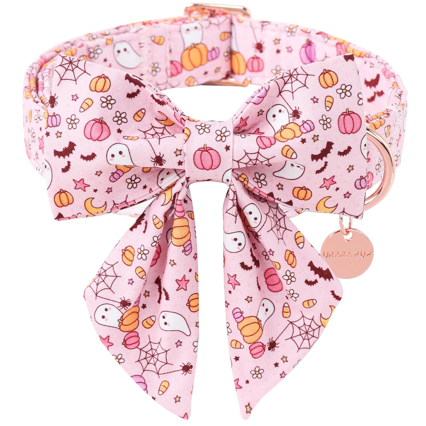 UP URARA PUP Halloween Dog Collar with Flower, Pink Halloween Puppy Flower Collar with Adjustable Metal Buckle,Fancy Halloween Dog Collar Bowtie Gift for Girl Boy Dog,M