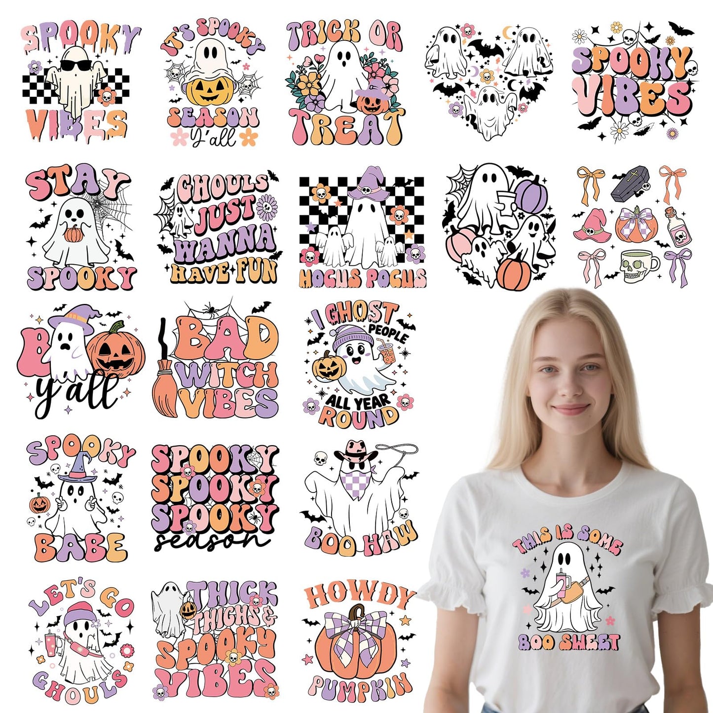 Shejdgart Dtf Transfers Ready to Press - 20 Pcs Halloween Iron on Patches for T-Shirts, Cut Ghost Bat Heat Transfer Designs Vinyl Stickers, Iron on Decals for DIY Clothes Bags