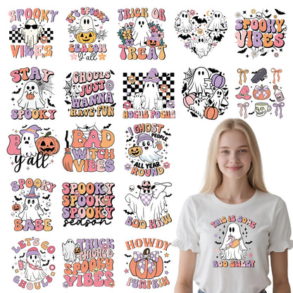 Shejdgart Dtf Transfers Ready to Press - 20 Pcs Halloween Iron on Patches for T-Shirts, Cut Ghost Bat Heat Transfer Designs Vinyl Stickers, Iron on Decals for DIY Clothes Bags