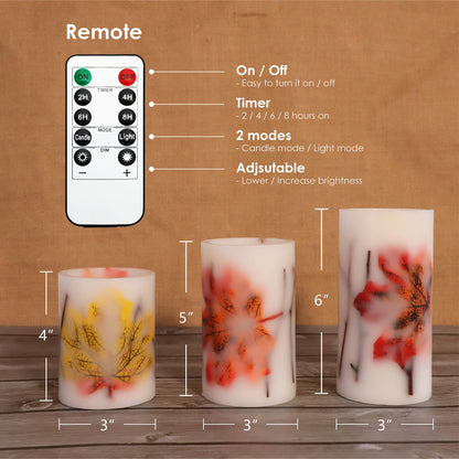 Crystal Club Fall Flameless Candles with Remote and Timer, Autumn Maple Leaves Battery Operated Candles Flickering LED Pillar Candles for Autumn Harvest Halloween Thanksgiving Decor