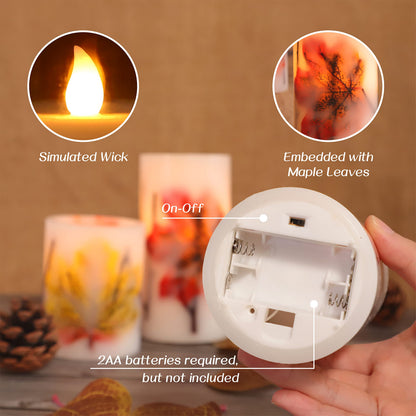 Crystal Club Fall Flameless Candles with Remote and Timer, Autumn Maple Leaves Battery Operated Candles Flickering LED Pillar Candles for Autumn Harvest Halloween Thanksgiving Decor