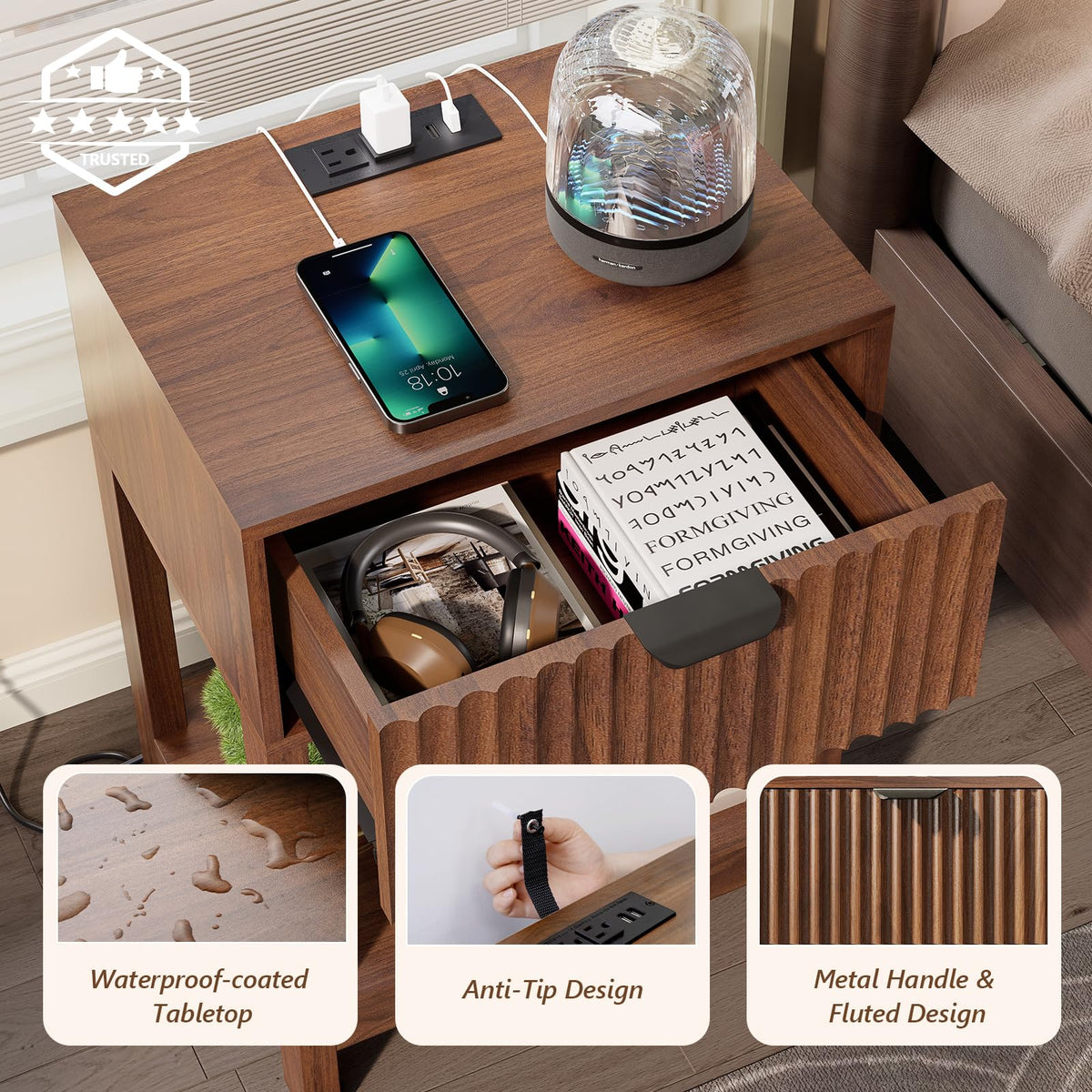 Nasonet Night Stand Set 2, Fluted Nightstand with Charging Station, Wood Bedside Table with Drawer & Storage Shelf, Modern End Tables for Bedroom Sofa Couch Office, Walnut
