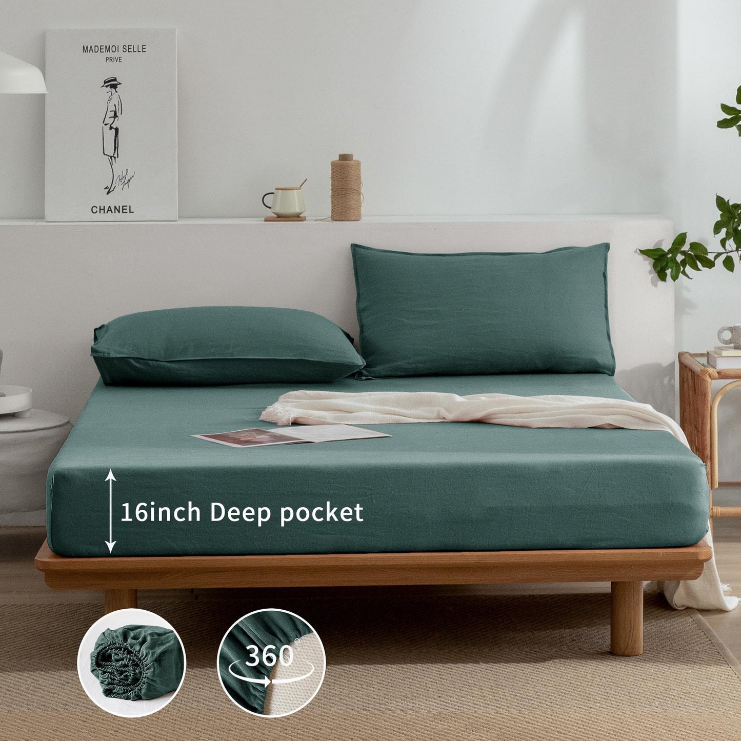 EVERLY Linen Sheets Set Twin Size,100% French Stonewash Pure Linen Sheets Set,3Pieces (1Flat Sheet,1Fitted Sheet,1Pillowcase) Suitable for Hot Sleepers,Deep Pocket Bedding Set-Aqua