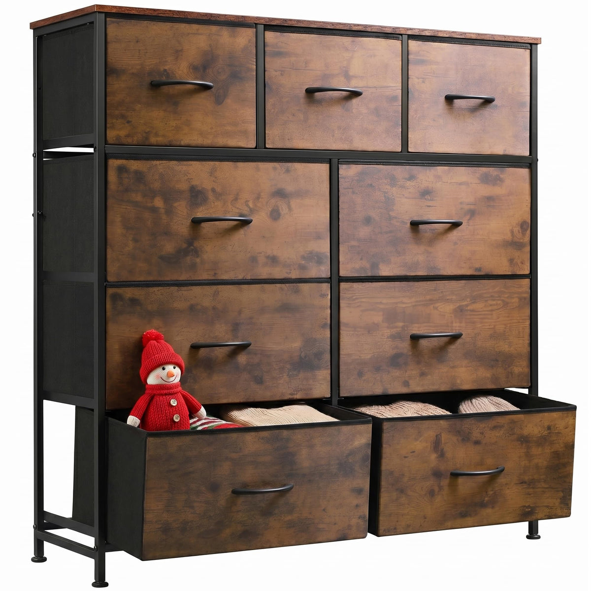 WLIVE 9-Drawer Dresser, Fabric Storage Tower for Bedroom, Hallway, Entryway, Closet, Tall Chest Organizer Unit with Fabric Bins, Steel Frame, Wood Top, Easy Pull Handle, Rustic Brown Wood Grain Print