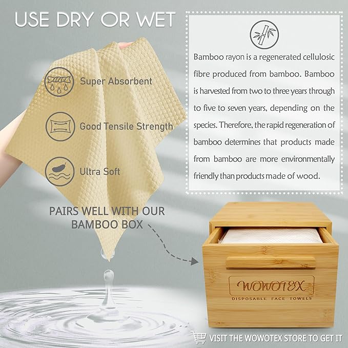 Bamboo Rayon Disposable Face Towel Biodegradable Large Dry Face Wipes 60