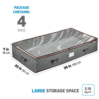 Under Bed Storage Bins - Pack Of 4 Under The Bed Storage Containers For Clothes, Blankets, Winter Clothing, & Shoes - Underbed Storage Containers With Handles, Dual Zippers, & Clear Top