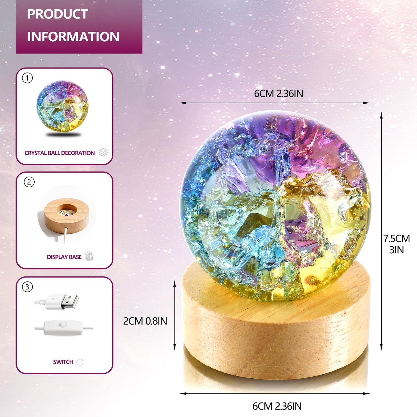 LOULIQIGIFT Colorful Ice Cracked Crystal Balls with Wooden Light Base 60mm Glass Spheres and 2Pcs LED Wooden Display Base for Crystal Glass Art Square Wooden Lamp Base