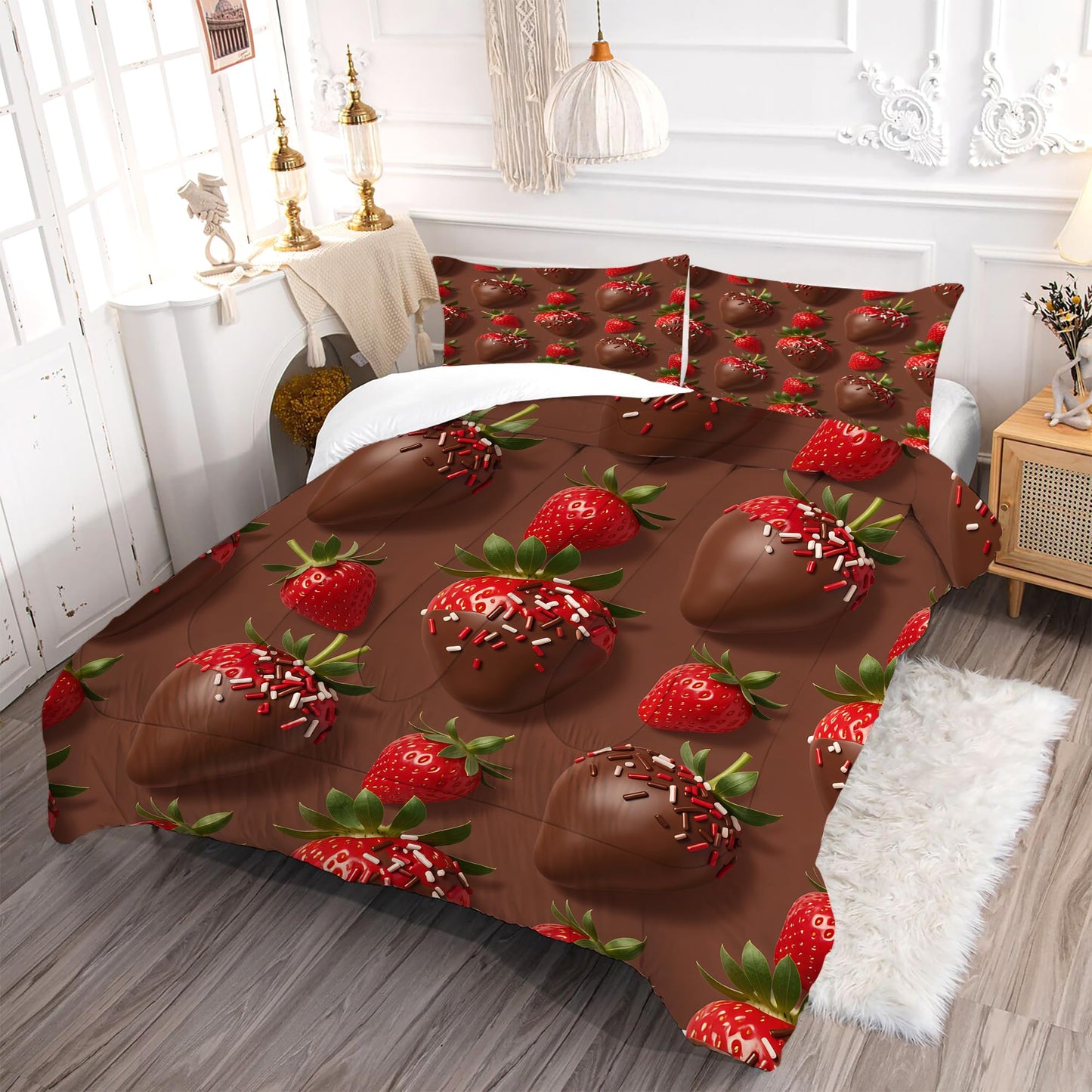 VTKON Chocolate Strawberry Comforter Set Queen for Kids Girls Sweet Dessert Print Bedding Set 3 Pcs with 1 Comforter and 2 Pillowcases Brown Bed Set Bedroom Decor