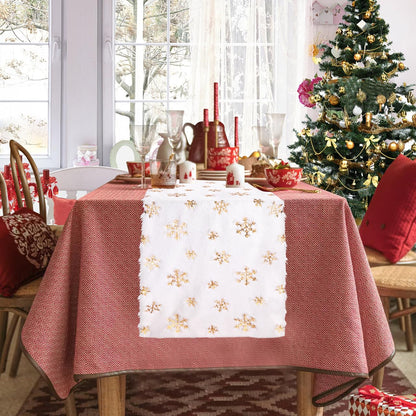 Faux Fur Christmas Table Runners 72 inches Long, Gold Sequin Snowflake Table Runner Xmas Table Runner for White Super Soft Thick Luxury Christmas Table Decoration, 13x72 inch