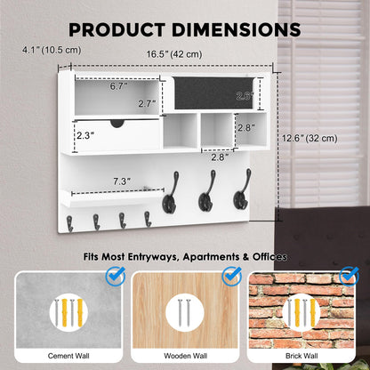 QooWare Key Holder Wall Mount with Mail Slot, Wall Key Holder with Chalkboard, Drawer & 7 Hooks, Key Hooks for Wall, Key Hanger Organizer for Entryway Keys Coats Bags, White Farmhouse