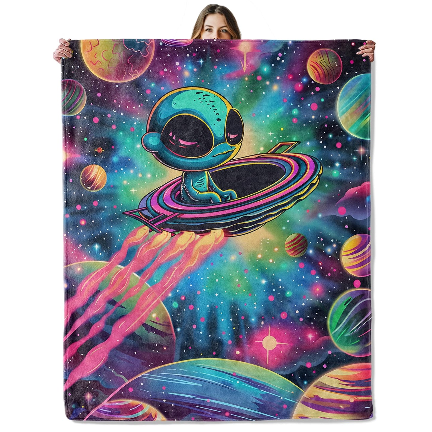 Cute Alien in Space Throw Blanket for Girls Boys Kids Adults, 50x60 in, Cozy Flannel Blanket for Bedroom, Camping, Couch, Room Decor, Fuzzy Warm Soft Gifts