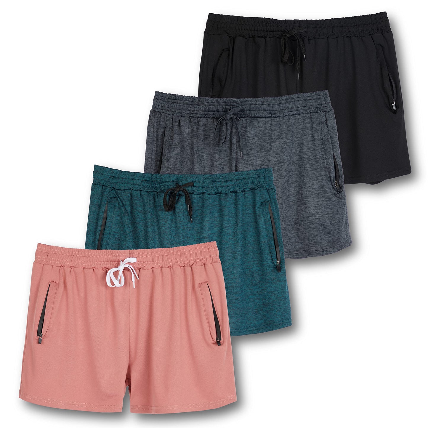 4 Pack Womens Active Athletic Dri Quick Dry Fit Shorts Gym Running Loose Zipper Pockets Casual Workout Hiking Ladies Lounge Exercise Sweat Comfy Fishing Gym Baggy Summer Walking Yoga Wicking Spandex
