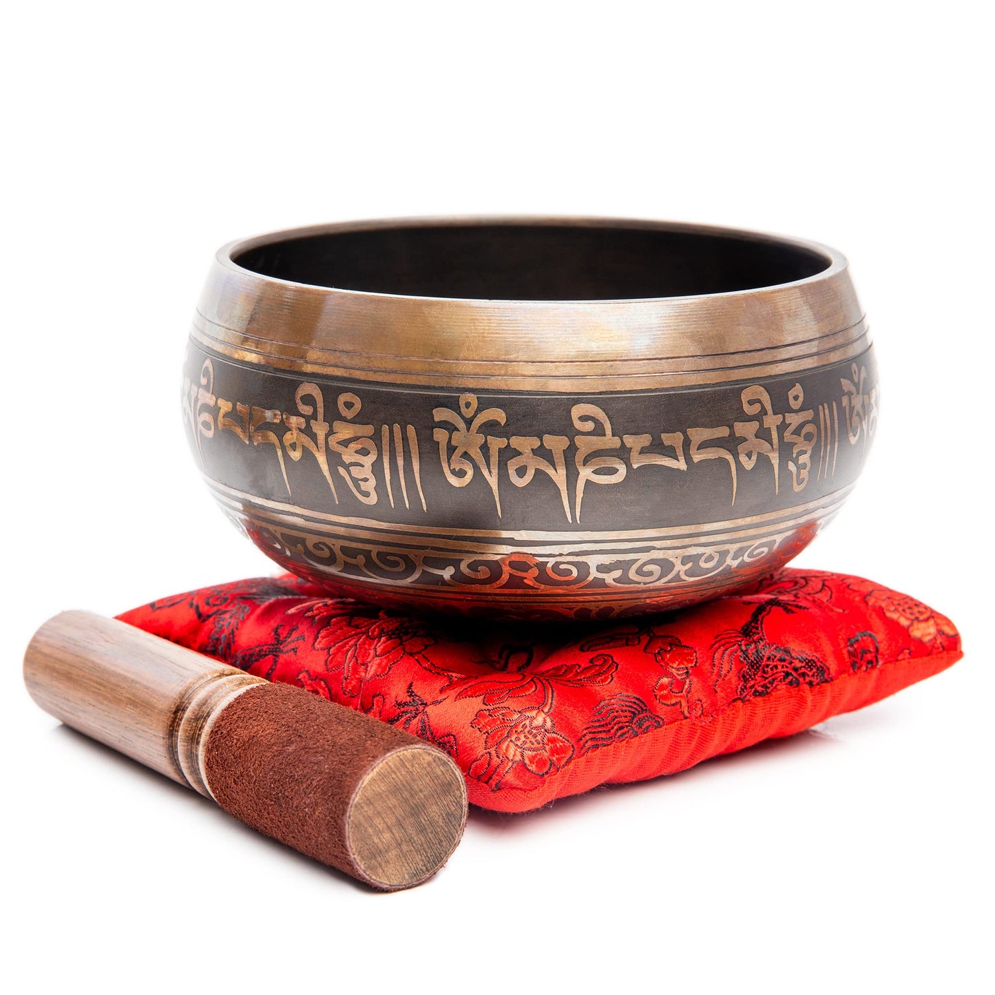 Premium Tibetan Singing Bowl Set – Handmade in Nepal Sound & Meditation Bowl – Spiritual Decor for Yoga, Wellness Spaces & Relaxation by Himalayan Bazaar (Brown & Red)