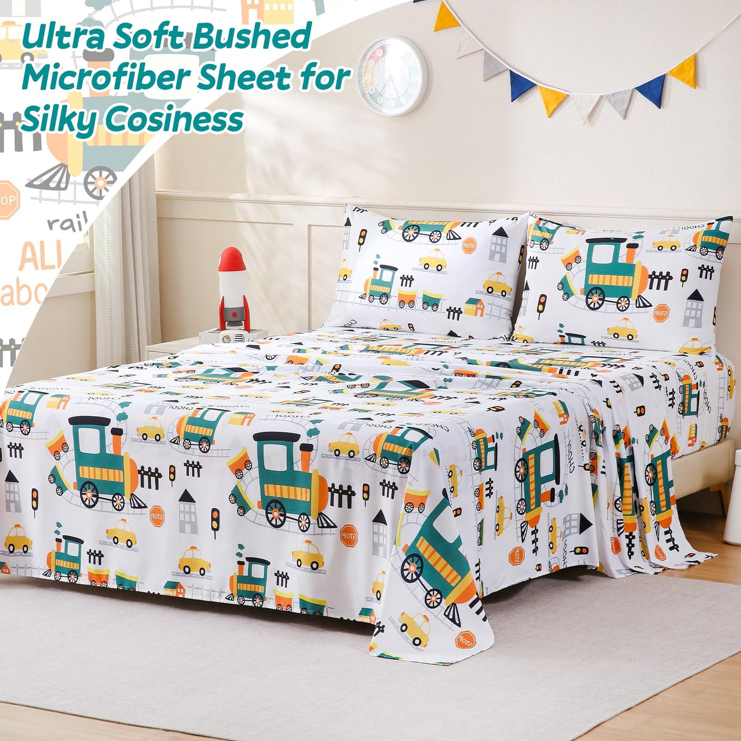 ChicView Full Sheet Set Kids,4 Pieces Breathable Soft Microfiber Bedsheets for Child Boys Girls, Anti Pilling Deep Pockets Easy Care Bed Sheets, Train