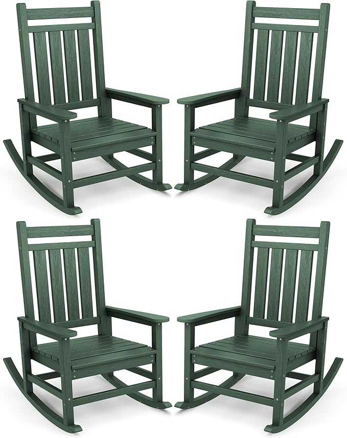 SERWALL Oversized Outdoor Rocking Chair Set of 4, HDPE Rocker for Adults, Patio Rocking Chairs for Porch, Green