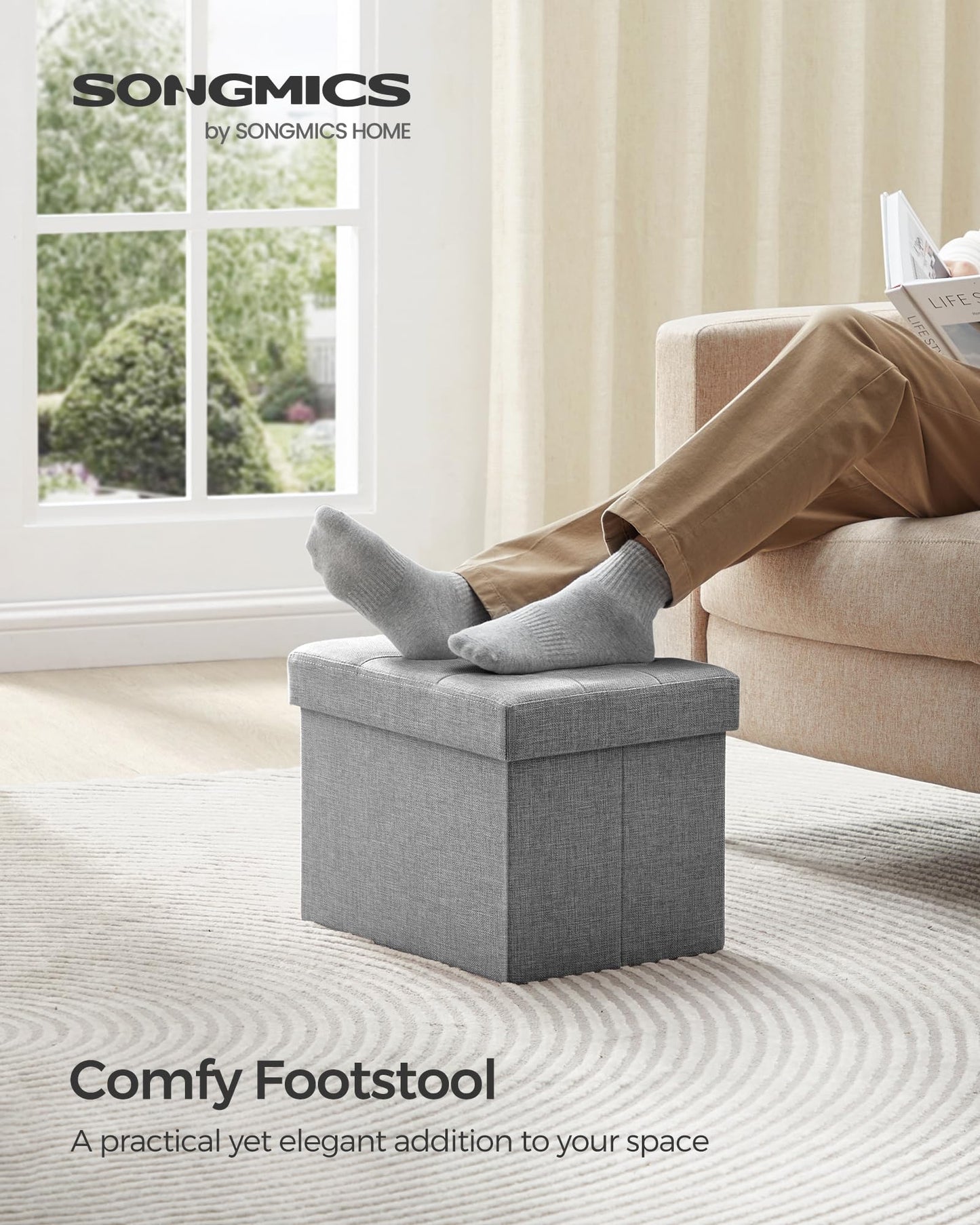 SONGMICS Mazie Collection - Small Folding Storage Ottoman, Foot Rest Stool, 12.2 x 16.1 x 12.2 Inches, 286 lb Load Capacity, for Living Room, Bedroom, Home Office, Dorm, Light Gray ULSF102G02