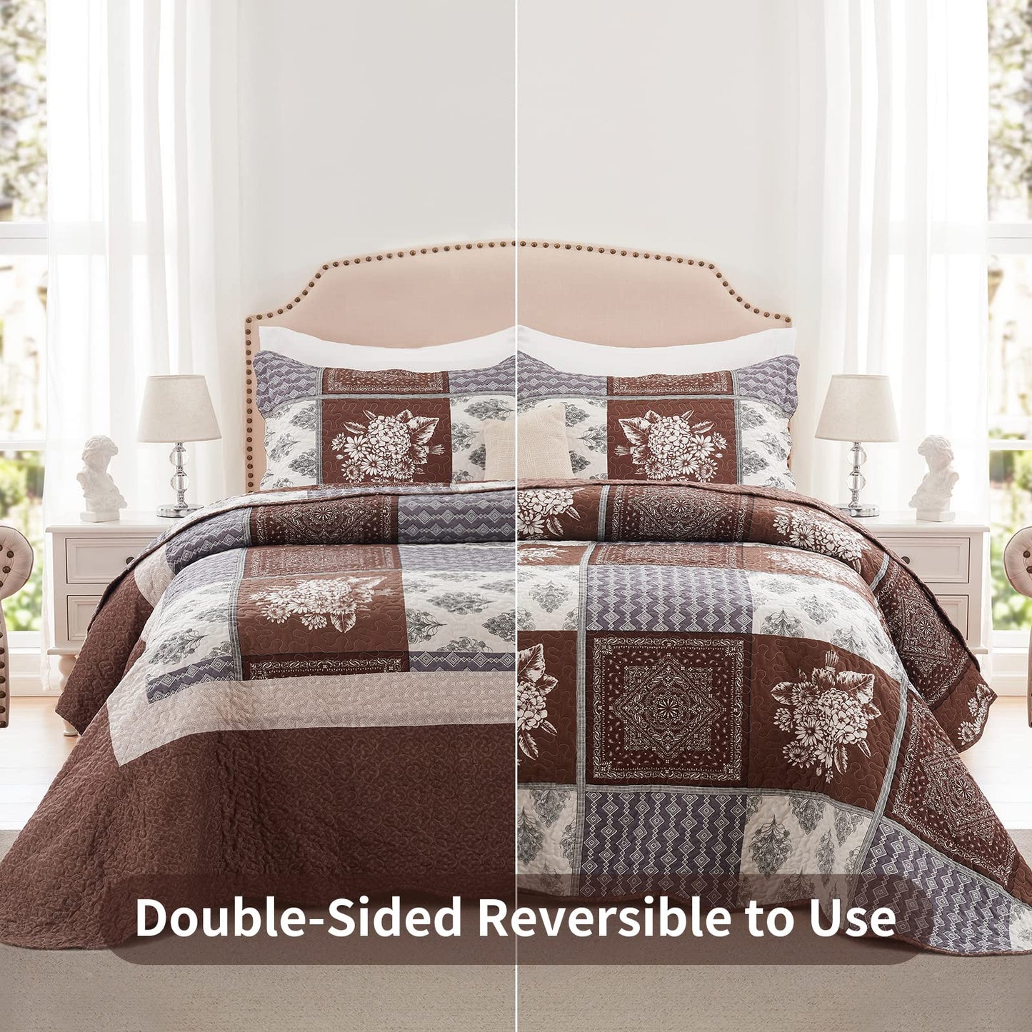Full/Queen Size Quilt Set 3 Pieces Lightweight Reversible Bedspread-90''x98'' Soft Patchwork Border Floral Coverlet Warm Microfiber Bed Cover for All Seasons Brown Bedding Set(1 Quilt,2 Pillow Shams)