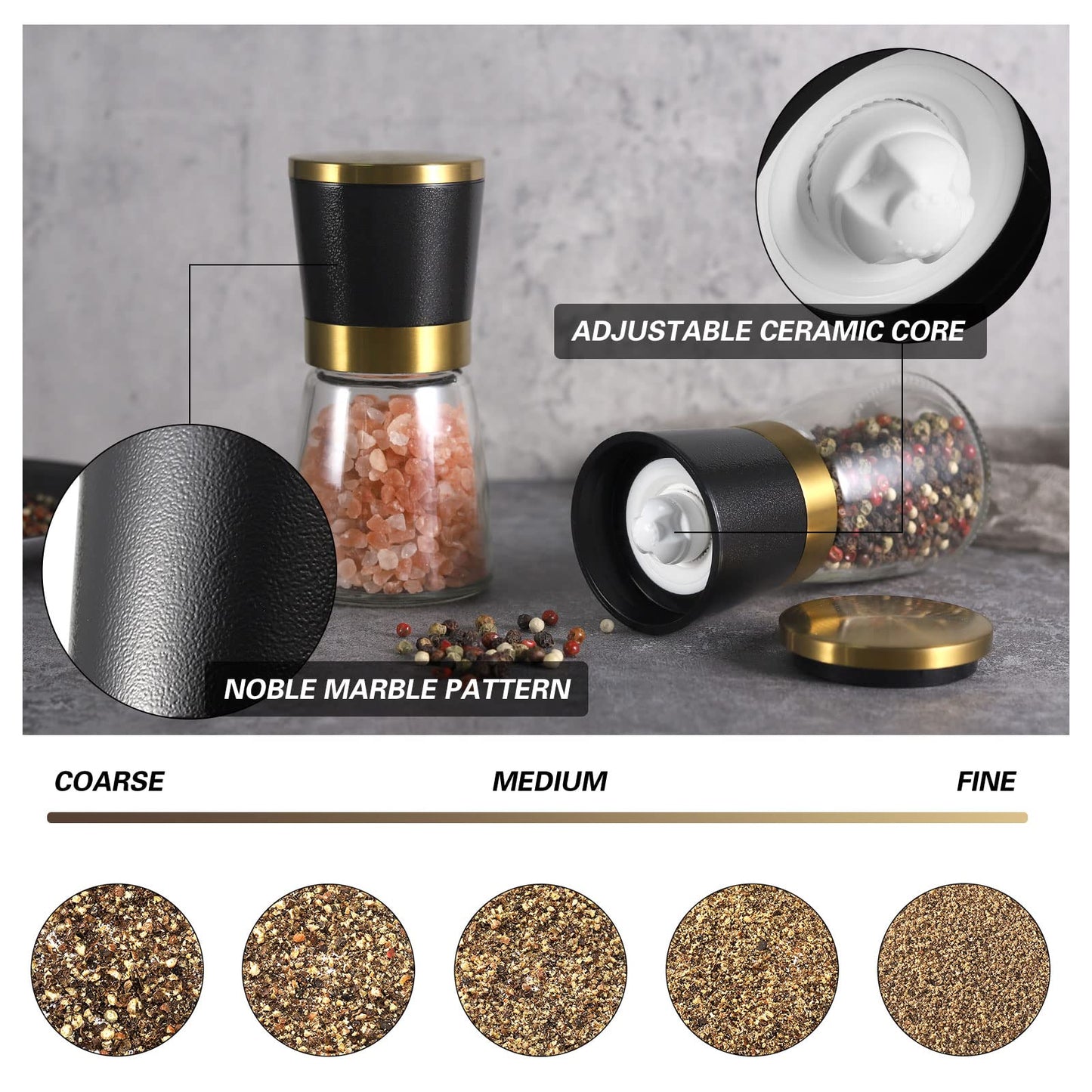 VEVOK CHEF Gold Salt and Pepper Grinder Set Stainless steel Salt and Pepper Mill Set Ceramic Adjustable Coarseness Spice Grinder Refillable Sea Salt Shaker Home Kitchen Decor