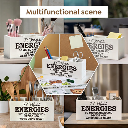 ELMCH Inspirational Office Pen Pencil Holder, Inspirational Gifts for Women Men Wood Desk Organizer and Accessories, I Match Energies Motivational Pen Holder Desk Organizer for Office Tabletop