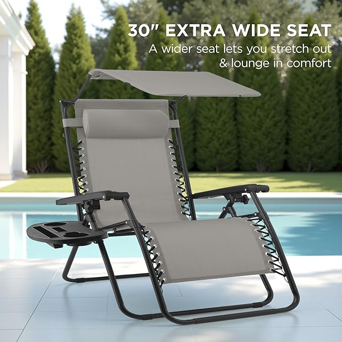 Best Choice Products 30” Wide Folding Zero Gravity Outdoor Recliner Patio Lounge Chair w/Adjustable Canopy Shade, Headrest, Side Accessory Tray - Ice Gray