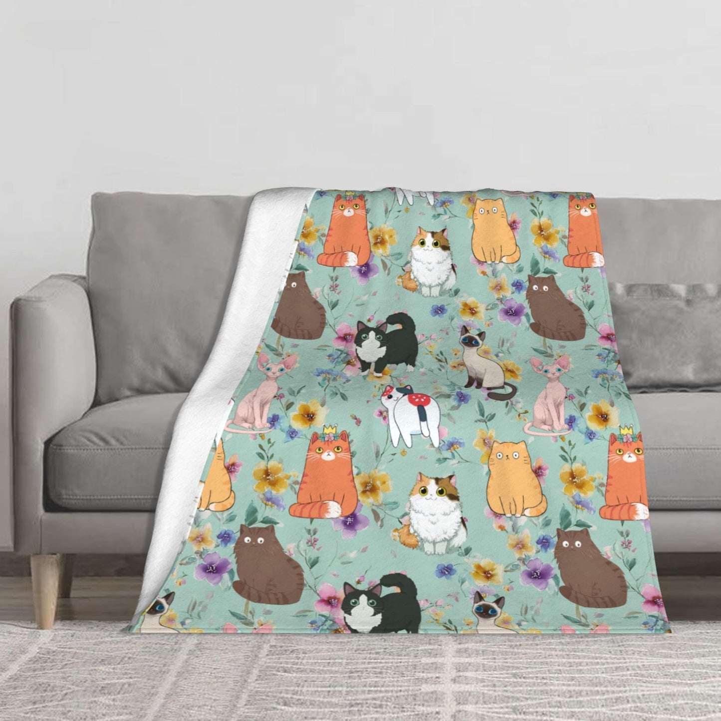 Cute Cat Floral Flannel Blanket Throw Soft Cozy Blanket for Living Room Couch Sofa Bed 50 x 60 Inches