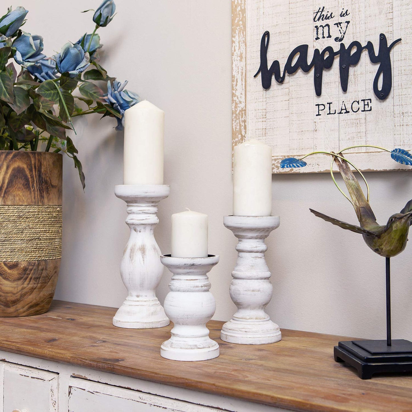 NIKKY HOME Farmhouse Rustic Wood Pillar Candle Holders Set of 3, White