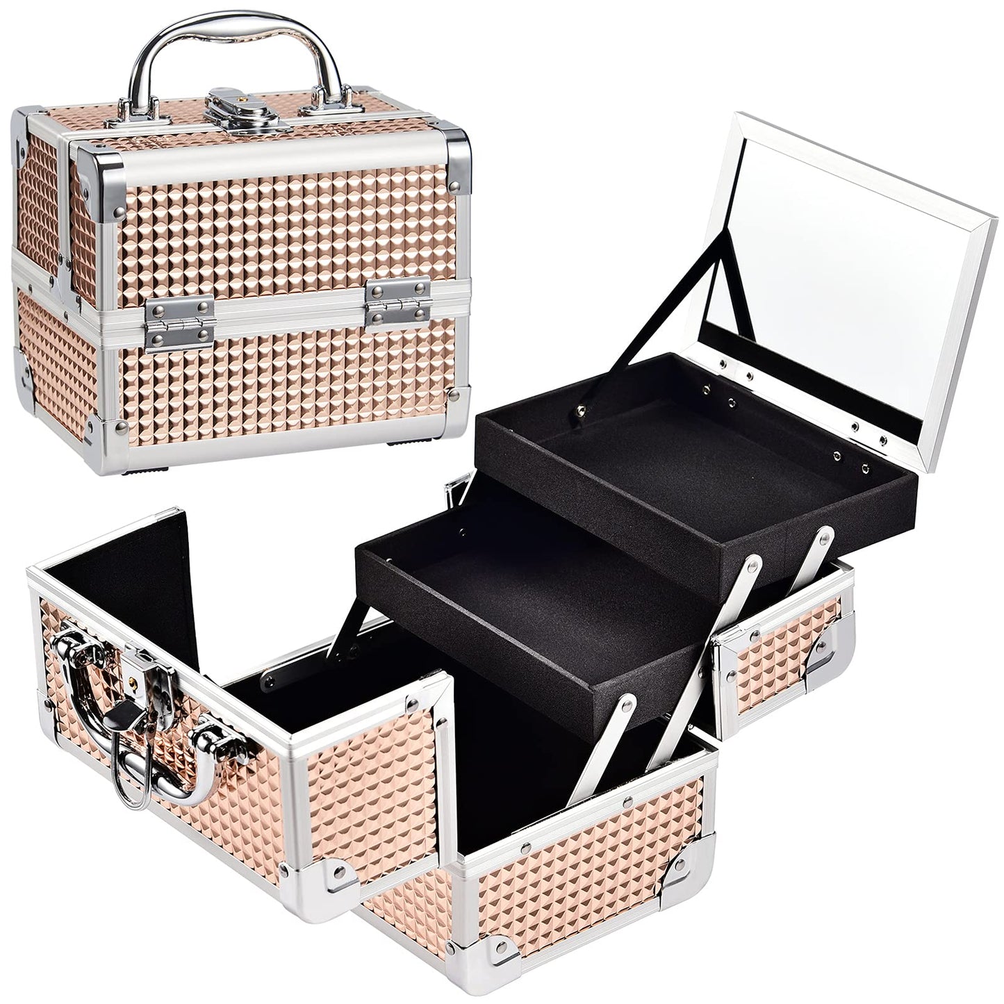 Joligrace Rose Gold Makeup Box Vanity Case Cosmetic Organiser Case Travel Make Up Case Beauty Box with Mirror, 2 Trays, Lockable, Size: 19.5 x 15 x 16cm