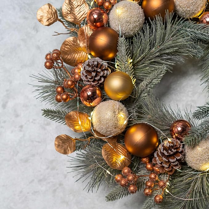 YULETIME 20-inch Christmas Wreath, Battery Operated Holiday Wreath with 20 Fairy Lights, Golden Baubles & Berries, Pine Cones, Golden Leaves, Frosted Spruce Branches and Pine Needles (Gold)