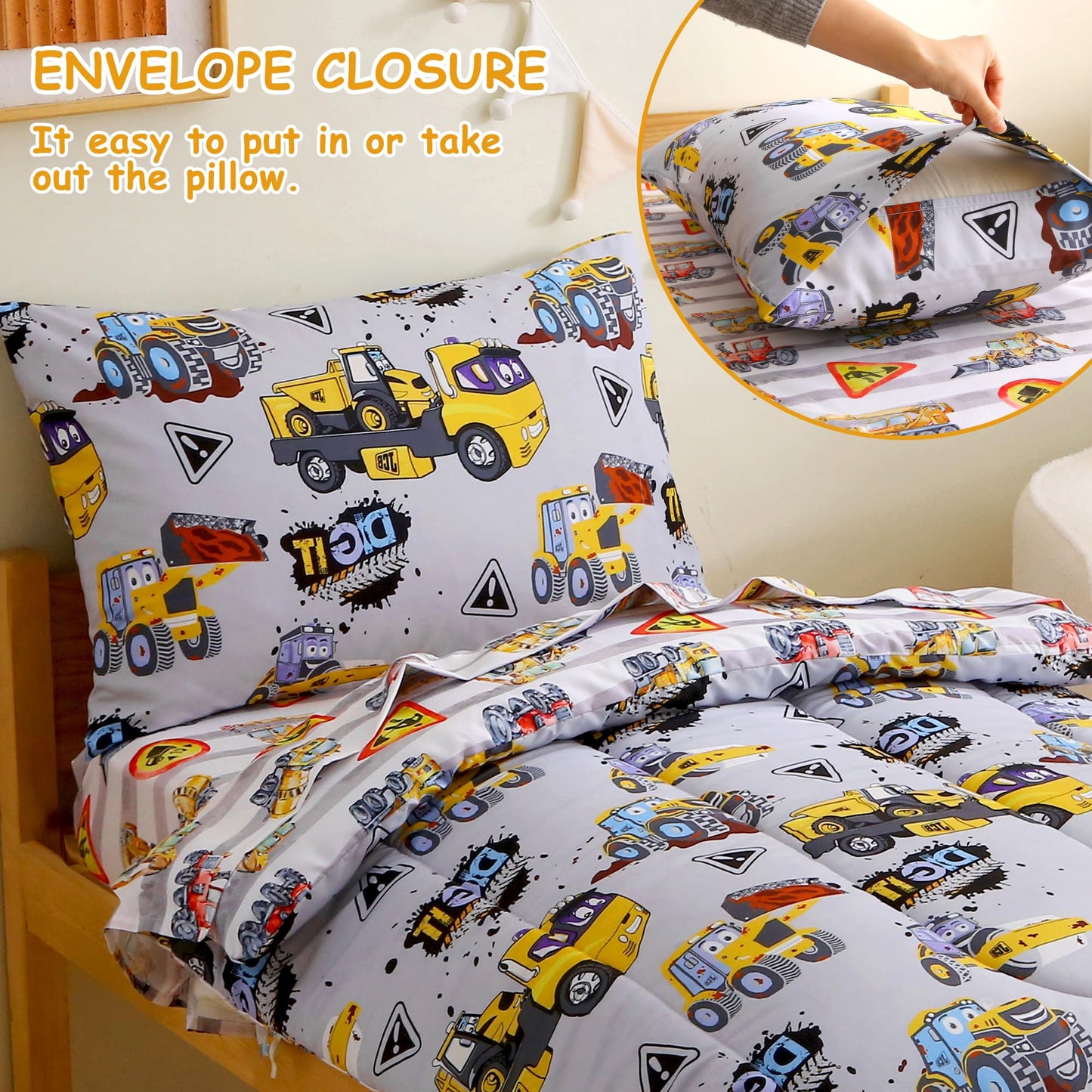 Mooreeke 4 Pieces Toddler Bedding Set - Grey Cool Heavy-Duty Vehicles Toddler Comforter Sets for Boys, Includes Comforter, Flat Sheet, Fitted Sheet and Pillowcase, Bed in A Bag for Baby Bedroom