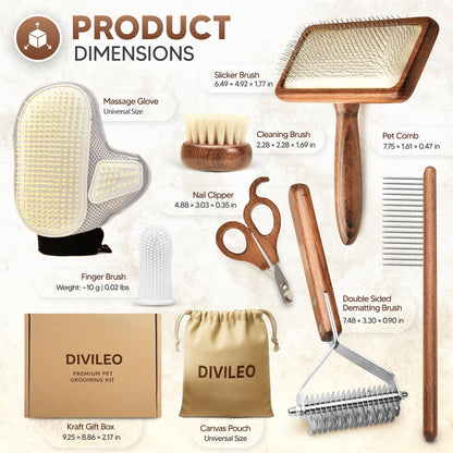 DIVILEO Premium Waterproof Pet Grooming Kit for Dogs & Cats – Wooden Handle Slicker Brush, Deshedding Comb & Nail Clipper – Professional Dog Grooming Supplies Set with Canvas Pouch | USA Brand