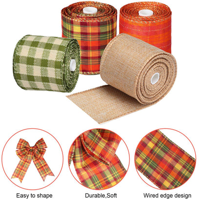 Syhood 4 Rolls Fall Ribbons 2.5″ Thanksgiving Plaid Burlap Wired Edge Ribbons for Autumn Gifts Wrapping DIY Crafts Floral Bows Wreath Making Supplies Decoration, 24 Yards in Total, 4 Styles