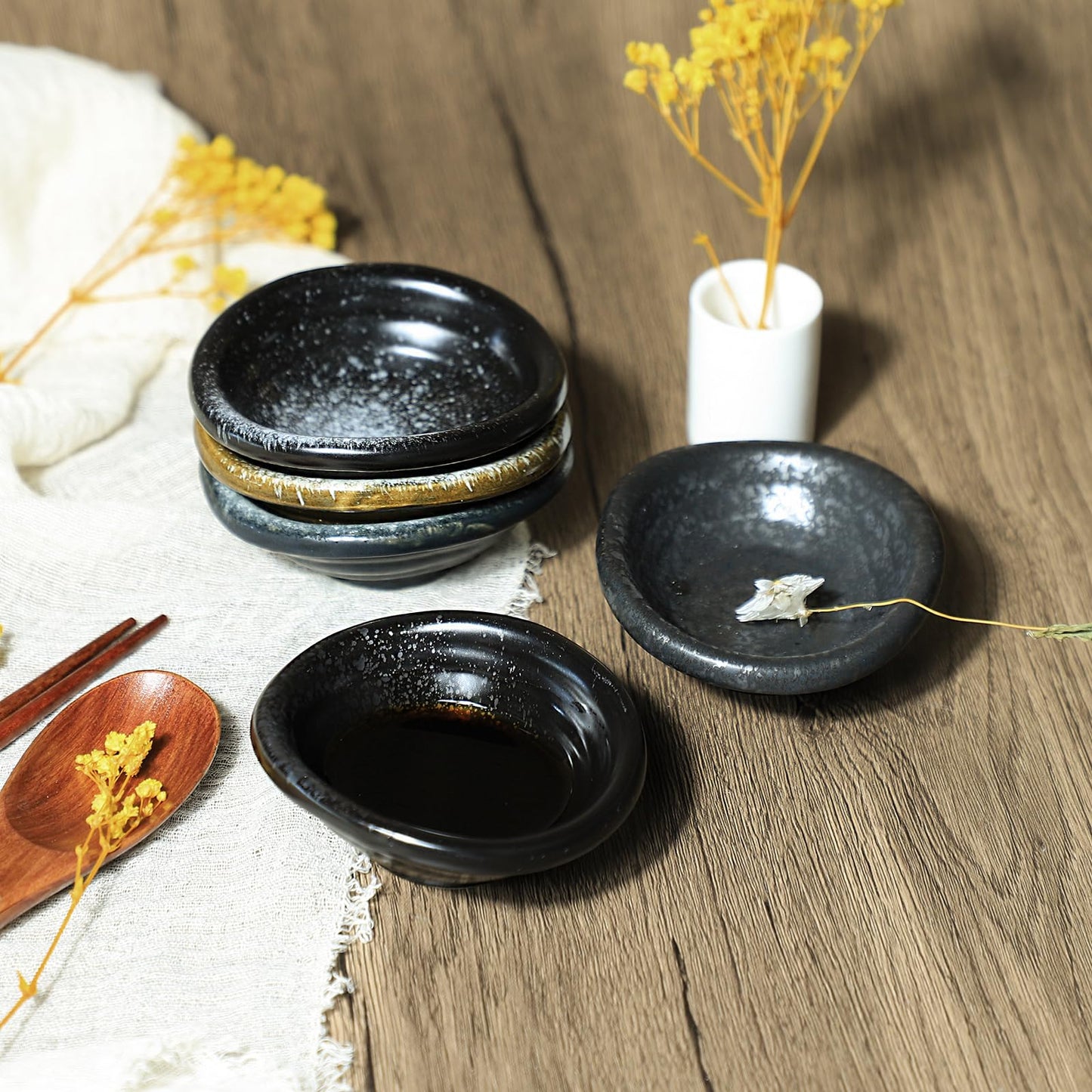 Bicuzat Set of 5 Japanese Vintage Style Ceramic Side Dishes - Retro Black Seasoning Dishes - 3.5 Inch