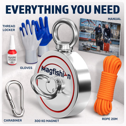 MAGFISHION Magnet Fishing Kit - 300 KG (700lb) - Ø60mm - Super Strong Neodymium Magnet with Rope (20M), Carabiner, Gloves, Threadlocker - Magnetic Powerful Magnets