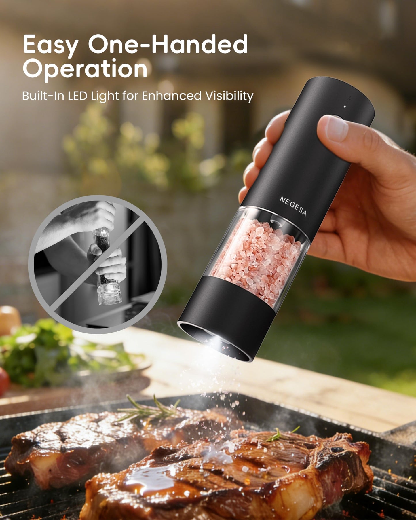Electric Salt and Pepper Grinder Set, Rechargeable USB Base, Automatic One-Hand Operation, 6 Adjustable Coarseness, 140ml Capacity, LED Light, Refillable for Kitchen, Housewarming Gift