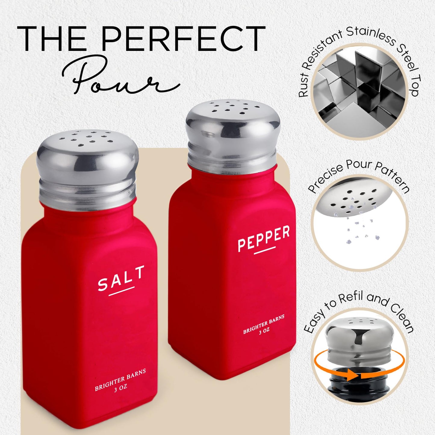 Red Salt and Pepper Shakers Set with Holder by Brighter Barns - Modern Kitchen Decor and Accessories, Dining Room Decor - Cute Salt Shaker with Caddy for Table Centerpiece, Restaurants, Gifts (Red)