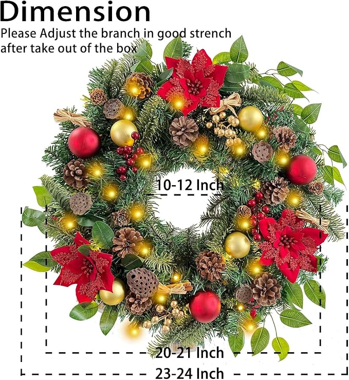 WANNA-CUL Pre-Lit 24 Inch Lighted Christmas Wreath for Front Door Luxury Red Gold Christmas Door Wreath Decoration with Ball Ornaments, Poinsettia Flowers,Berries, and Lotus, Battery Operated 30 LED